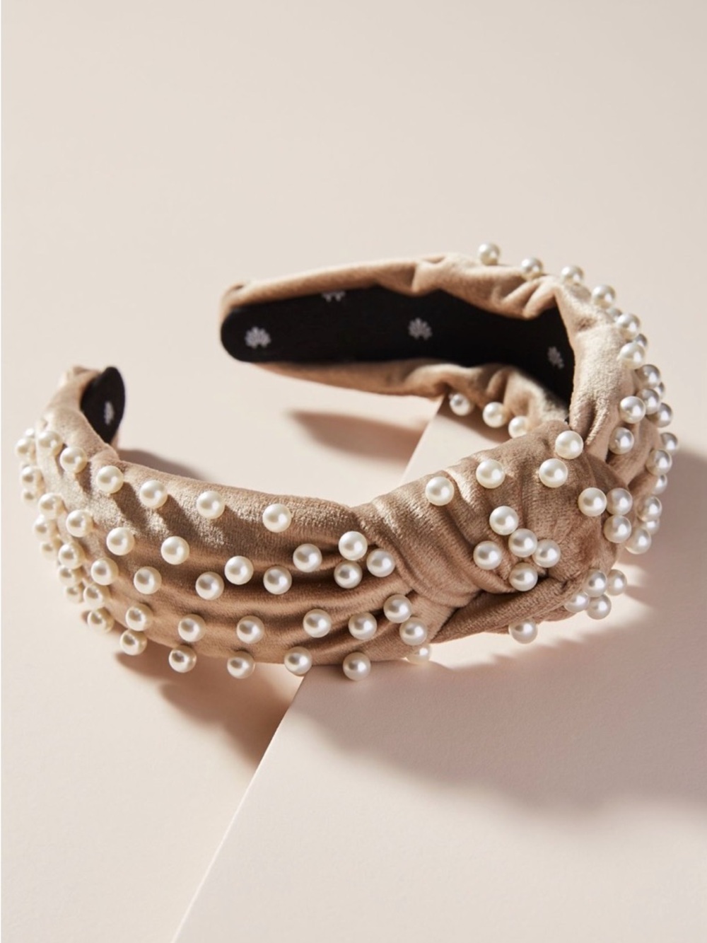 Lele Sadoughi Velvet Pearl Knotted Headband in Taupe